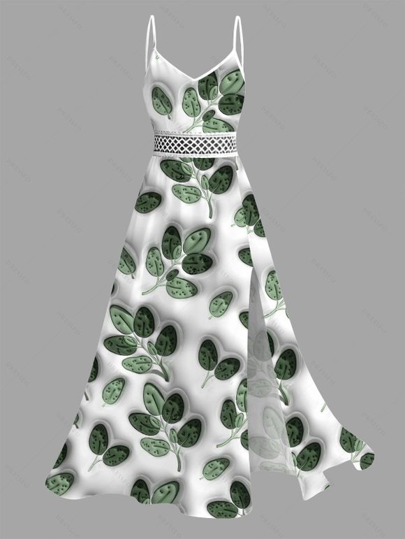 Vacation Couple Outfit 3D Textured Leaf Print Lace Hollow Out Slit Dress and Shirt Set - PLANT GREEN S | US 4