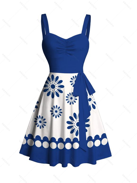 Vacation Couple Outfit Retro Style Floral Print Ruched Belt Dress and Shirt Set - Bleu S | US 4