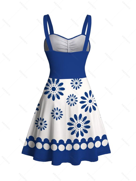 Vacation Couple Outfit Retro Style Floral Print Ruched Belt Dress and Shirt Set - Bleu S | US 4
