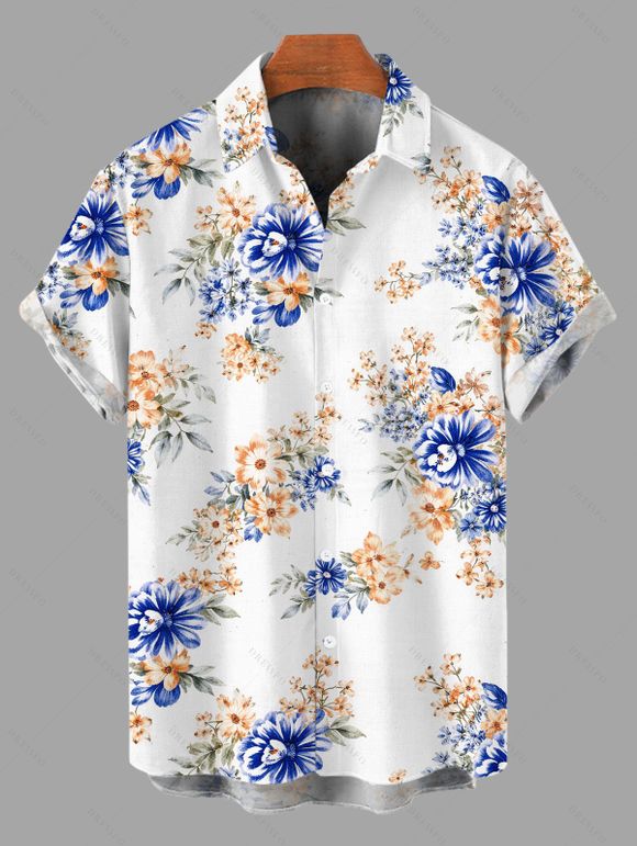 Vacation Couple Outfit Apricot Floral Print Lace Hollow Out Slit Dress and Shirt Set - Bleu S | US 4