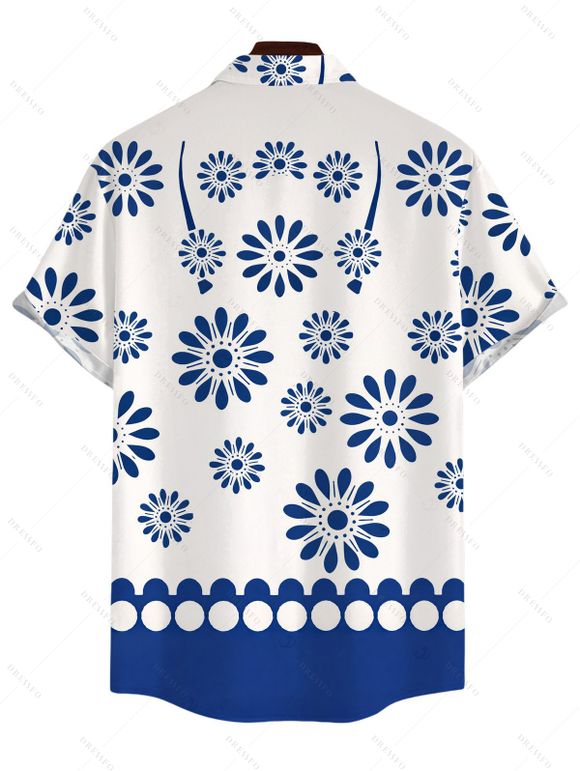 Vacation Couple Outfit Retro Style Floral Print Ruched Belt Dress and Shirt Set - Bleu S | US 4