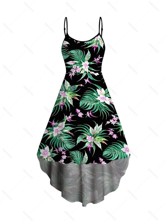 Hawaiian Couple Outfit Watercolor Floral Tropical Pattern High Low Dress and Shirt Set - Noir S | US 4