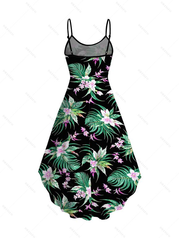 Hawaiian Couple Outfit Watercolor Floral Tropical Pattern High Low Dress and Shirt Set - Noir S | US 4