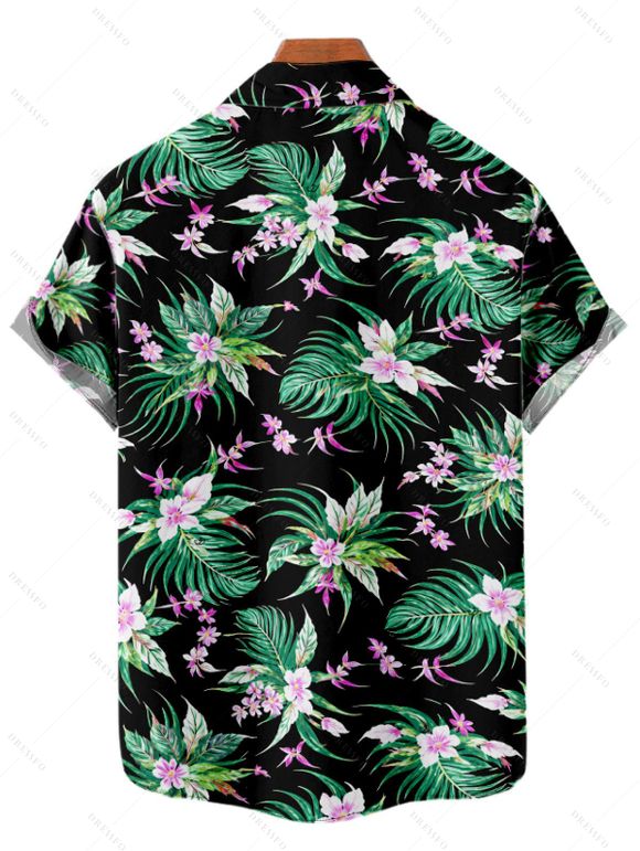 Hawaiian Couple Outfit Watercolor Floral Tropical Pattern High Low Dress and Shirt Set - Noir S | US 4