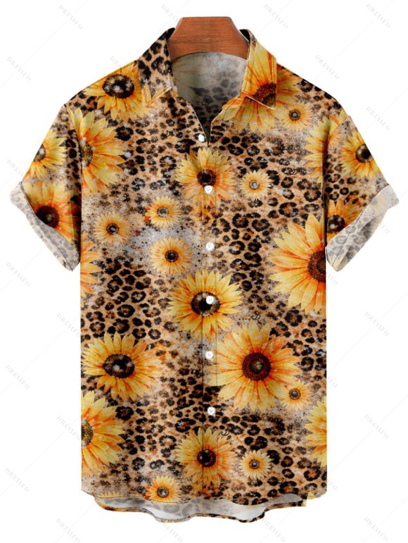 Vacation Couple Outfit Sunflower Leopard Print Spaghetti Strap Long Dress and Shirt Set - Deep Yellow S | US 4