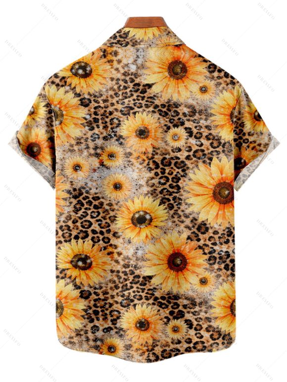 Vacation Couple Outfit Sunflower Leopard Print Spaghetti Strap Long Dress and Shirt Set - Deep Yellow S | US 4