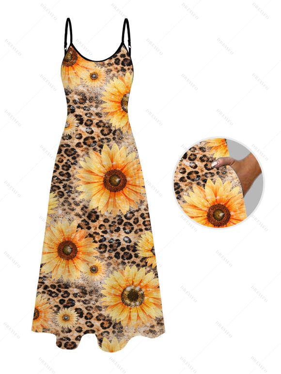 Vacation Couple Outfit Sunflower Leopard Print Spaghetti Strap Long Dress and Shirt Set - Deep Yellow S | US 4