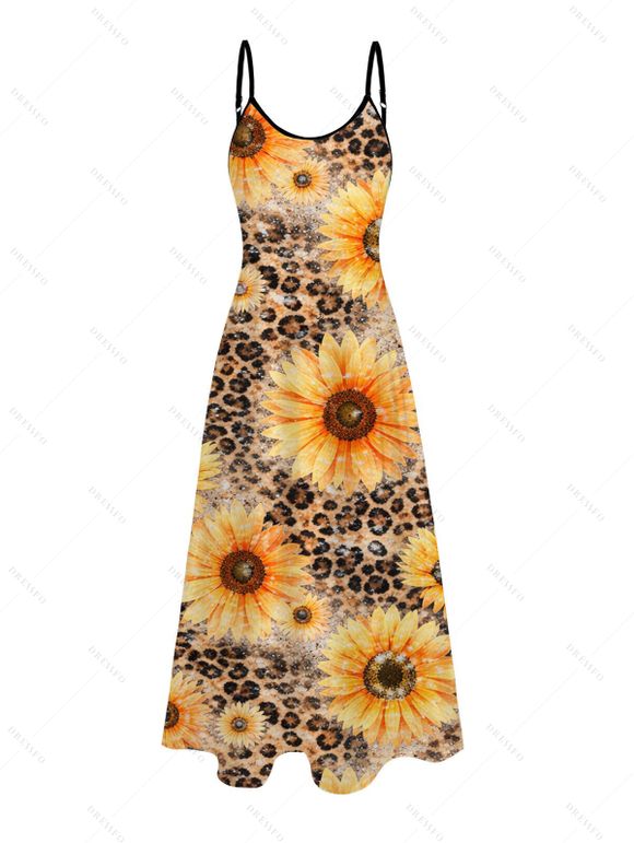 Vacation Couple Outfit Sunflower Leopard Print Spaghetti Strap Long Dress and Shirt Set - Deep Yellow S | US 4
