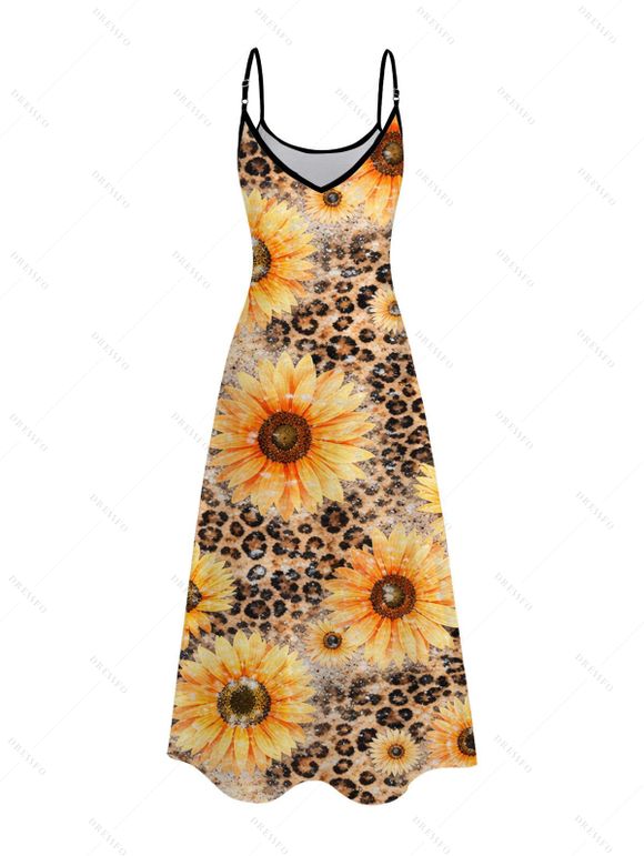 Vacation Couple Outfit Sunflower Leopard Print Spaghetti Strap Long Dress and Shirt Set - Deep Yellow S | US 4