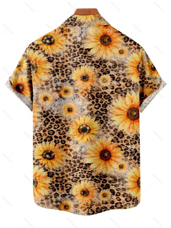 Chemise de vacances pour homme, imprimé léopard et tournesol, à boutons - Deep Yellow 5XL