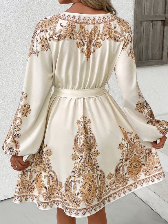 Robe vintage ethnique à imprimé cachemire, lacée, manches lanternes - Beige XL | US 10