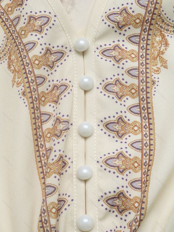 Robe vintage ethnique à imprimé cachemire, lacée, manches lanternes - Beige XL | US 10