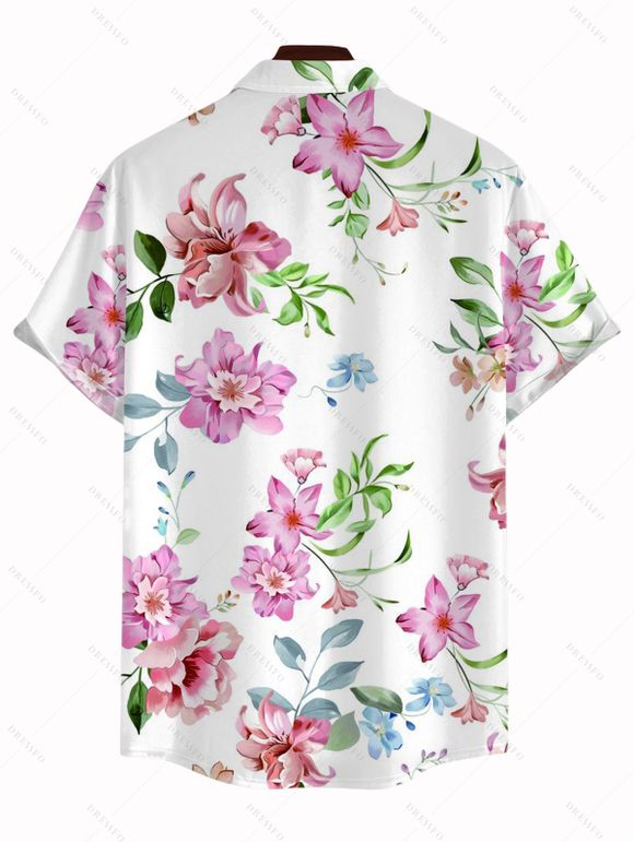 Vacation Couple Outfit Watercolor Garden Floral Pattern High Low Dress and Shirt Set - Blanc S | US 4