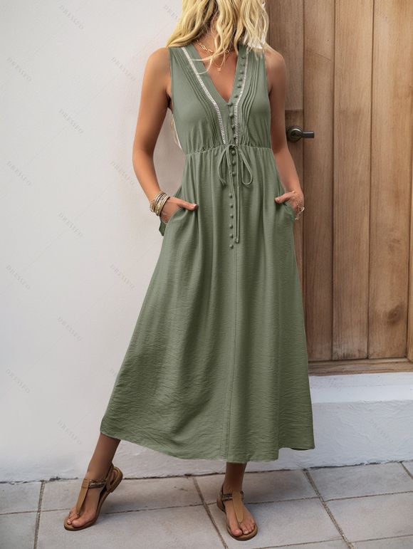 Robe longue décontractée à pois suisses, poches et col en V - Vert Armée XL | US 10