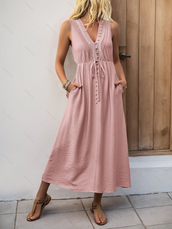 Robe longue décontractée à pois suisses, poches et col en V - Rose clair XL | US 10