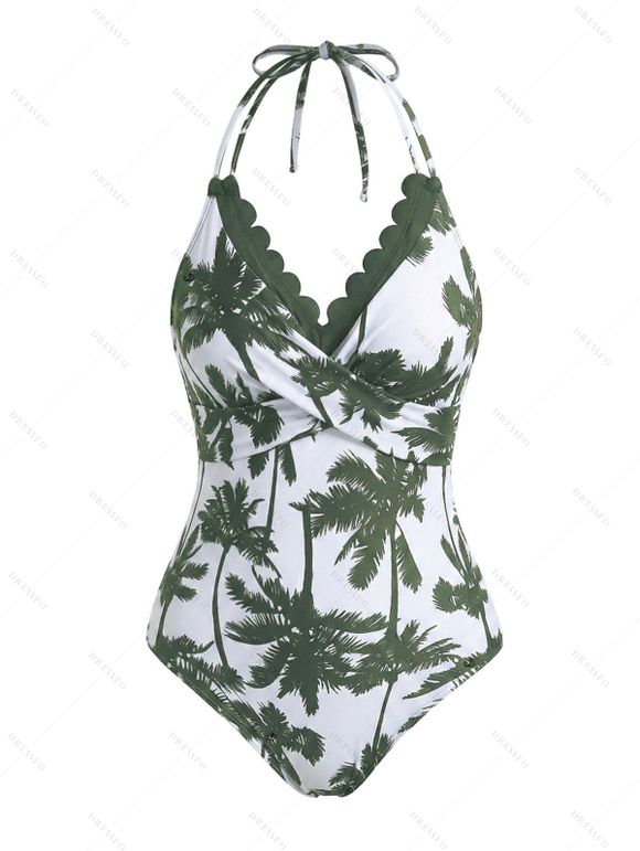 Vacation Couple Outfit Coconut Tree Print Scalloped Halter One-piece Swimsuit and Shirt Set - Vert Armée S | US 4