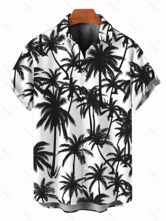 Vacation Couple Outfit Coconut Tree Print Scalloped Halter One-piece Swimsuit and Shirt Set - Noir S | US 4