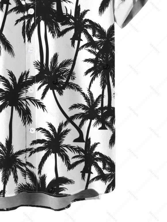 Vacation Couple Outfit Coconut Tree Print Scalloped Halter One-piece Swimsuit and Shirt Set - Noir S | US 4