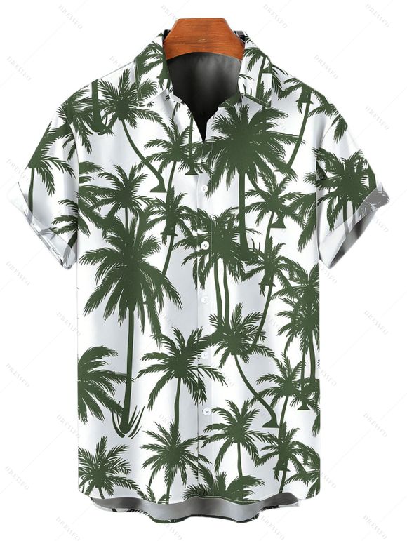 Vacation Couple Outfit Coconut Tree Print Scalloped Halter One-piece Swimsuit and Shirt Set - Vert Armée S | US 4