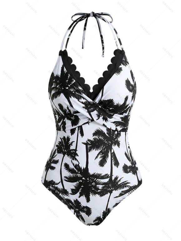 Vacation Couple Outfit Coconut Tree Print Scalloped Halter One-piece Swimsuit and Shirt Set - Noir S | US 4