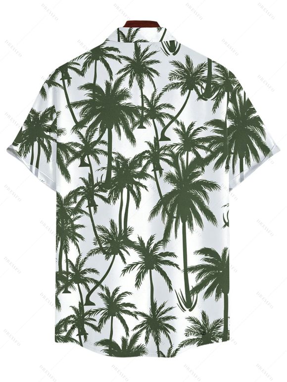 Vacation Couple Outfit Coconut Tree Print Scalloped Halter One-piece Swimsuit and Shirt Set - Vert Armée S | US 4