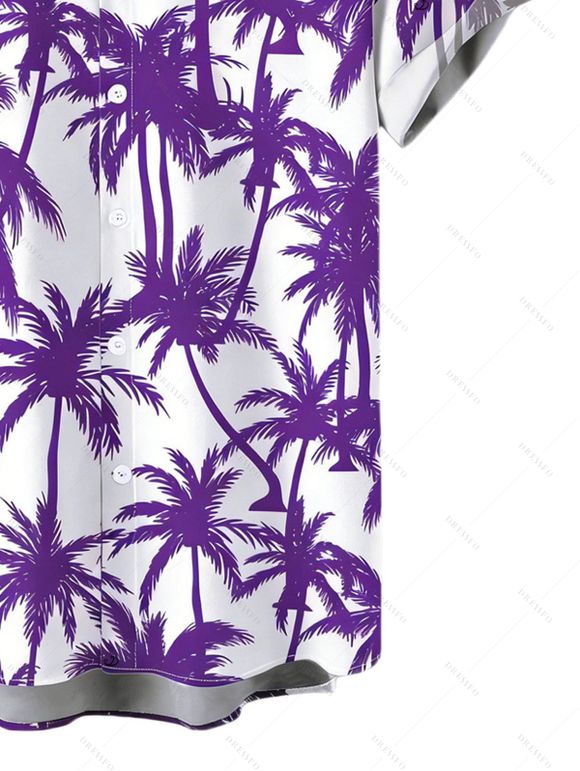 Vacation Couple Outfit Coconut Tree Print Scalloped Halter One-piece Swimsuit and Shirt Set - Pourpre S | US 4