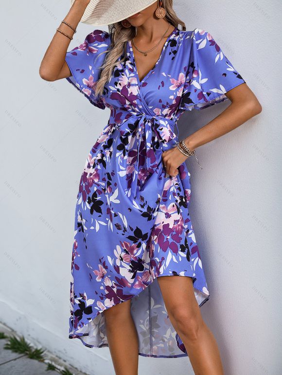 Robe élégante pervenche à imprimé floral abstrait et pétales, bustier cache-cœur - Bleu Ciel XL | US 10