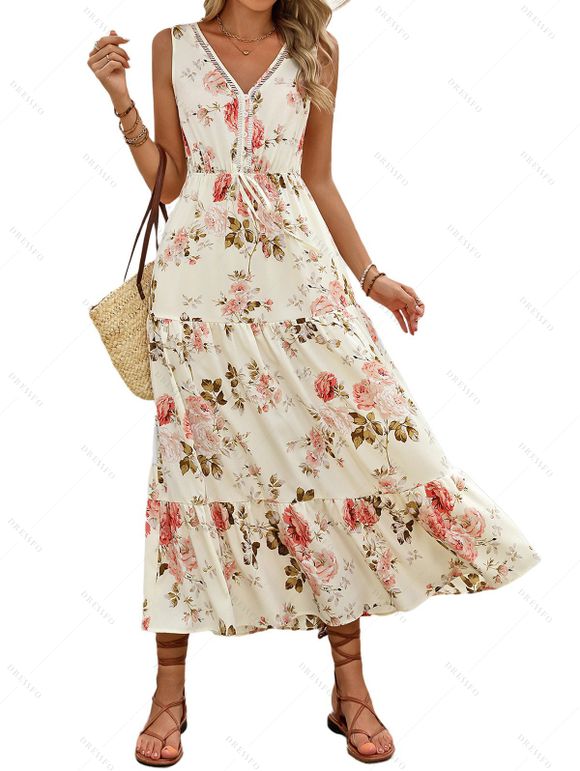 Robe de vacances romantique à motif de roses de jardin, robe élégante ajourée et nouée - Blanc XL | US 10