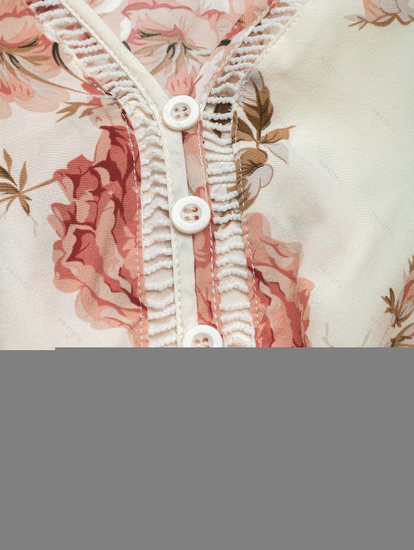 Robe de vacances romantique à motif de roses de jardin, robe élégante ajourée et nouée - Blanc XL | US 10