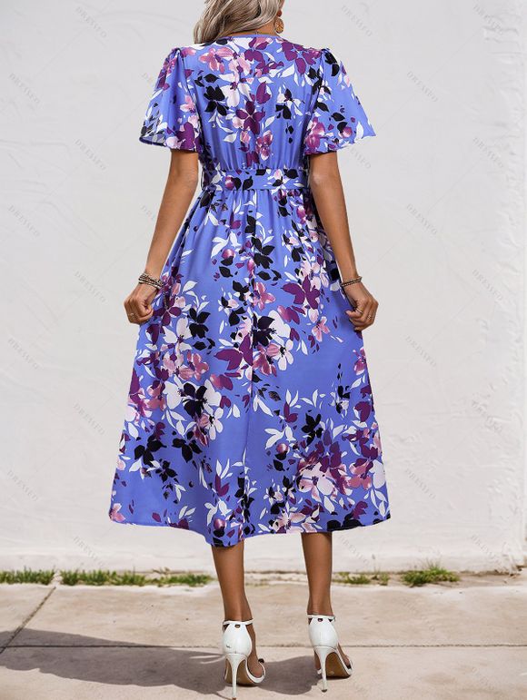 Robe élégante pervenche à imprimé floral abstrait et pétales, bustier cache-cœur - Bleu Ciel XL | US 10