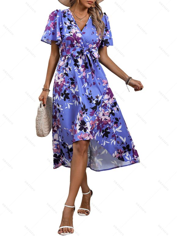 Robe élégante pervenche à imprimé floral abstrait et pétales, bustier cache-cœur - Bleu Ciel XL | US 10