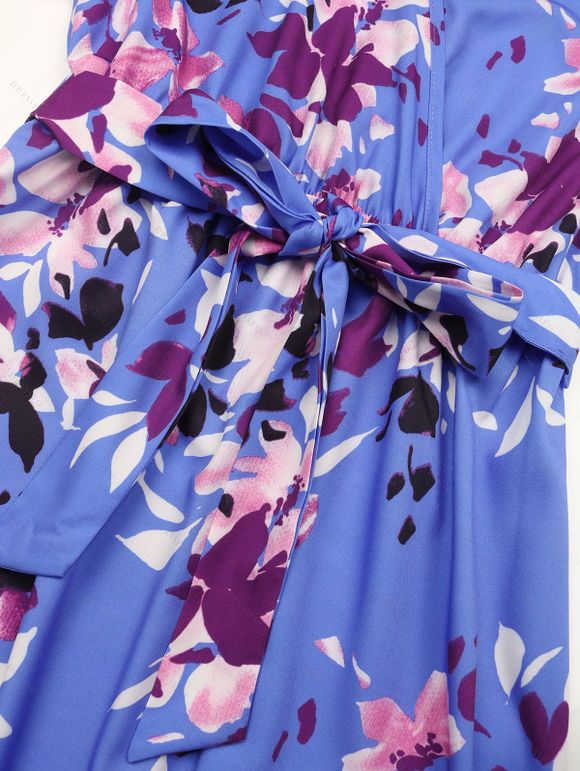 Robe élégante pervenche à imprimé floral abstrait et pétales, bustier cache-cœur - Bleu Ciel XL | US 10