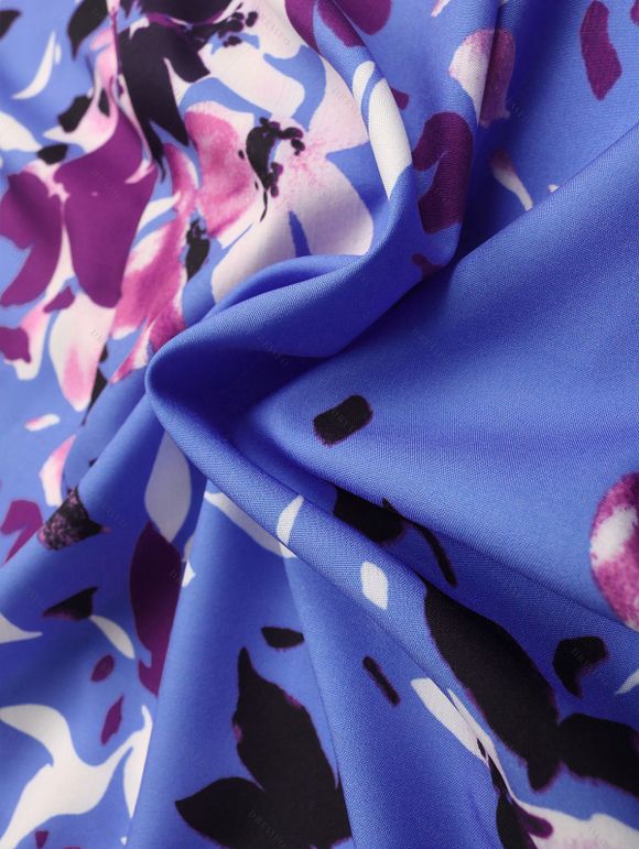 Robe élégante pervenche à imprimé floral abstrait et pétales, bustier cache-cœur - Bleu Ciel XL | US 10