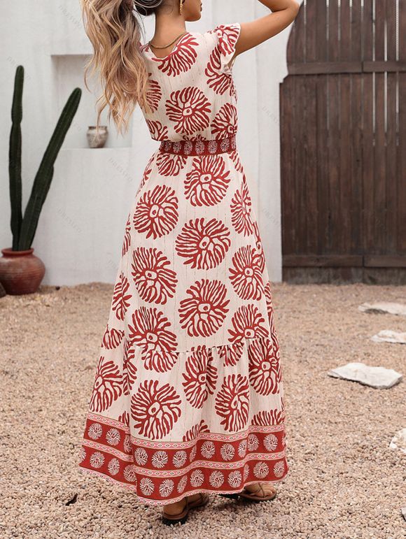Robe de vacances rétro à imprimé floral tribal et géométrique, robe longue - Rouge XL | US 10