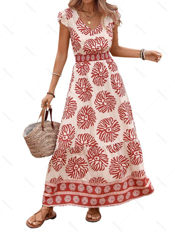 Robe de vacances rétro à imprimé floral tribal et géométrique, robe longue - Rouge XL | US 10