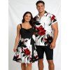Vacation Couple Outfit Stylized Leaf Flower Pattern Colorblock Belt Dress and Shirt Set - Noir S | US 4