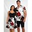 Vacation Couple Outfit Stylized Leaf Flower Pattern Colorblock Belt Dress and Shirt Set - Noir S | US 4