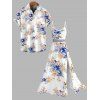 Vacation Couple Outfit Apricot Floral Print Lace Hollow Out Slit Dress and Shirt Set - Bleu S | US 4