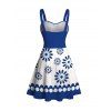 Robe de vacances rétro à imprimé floral abstrait et ceinture froncée - Bleu XXXXXL | US 20