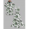 Vacation Couple Outfit 3D Textured Leaf Print Lace Hollow Out Slit Dress and Shirt Set - PLANT GREEN S | US 4
