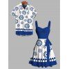 Vacation Couple Outfit Retro Style Floral Print Ruched Belt Dress and Shirt Set - Bleu S | US 4