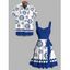 Vacation Couple Outfit Retro Style Floral Print Ruched Belt Dress and Shirt Set - Bleu S | US 4