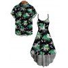 Hawaiian Couple Outfit Watercolor Floral Tropical Pattern High Low Dress and Shirt Set - Noir S | US 4