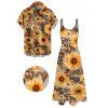 Vacation Couple Outfit Sunflower Leopard Print Spaghetti Strap Long Dress and Shirt Set - Deep Yellow S | US 4