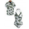 Vacation Couple Outfit Coconut Tree Print Scalloped Halter One-piece Swimsuit and Shirt Set - Vert Armée S | US 4