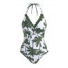 Vacation Couple Outfit Coconut Tree Print Scalloped Halter One-piece Swimsuit and Shirt Set - Vert Armée S | US 4