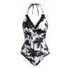Vacation Couple Outfit Coconut Tree Print Scalloped Halter One-piece Swimsuit and Shirt Set - Noir S | US 4