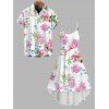 Vacation Couple Outfit Watercolor Garden Floral Pattern High Low Dress and Shirt Set - Blanc S | US 4
