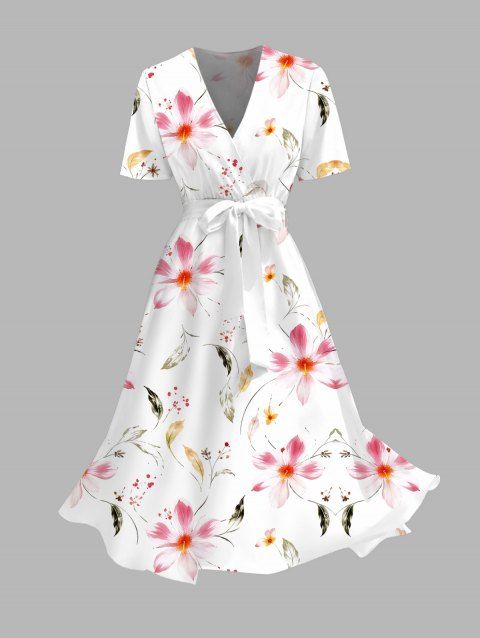 Robe de vacances à motif floral aquarelle cosmos, robe cache-cœur à ceinture