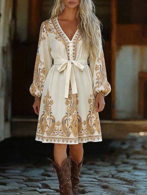 Robe vintage ethnique à imprimé cachemire, lacée, manches lanternes